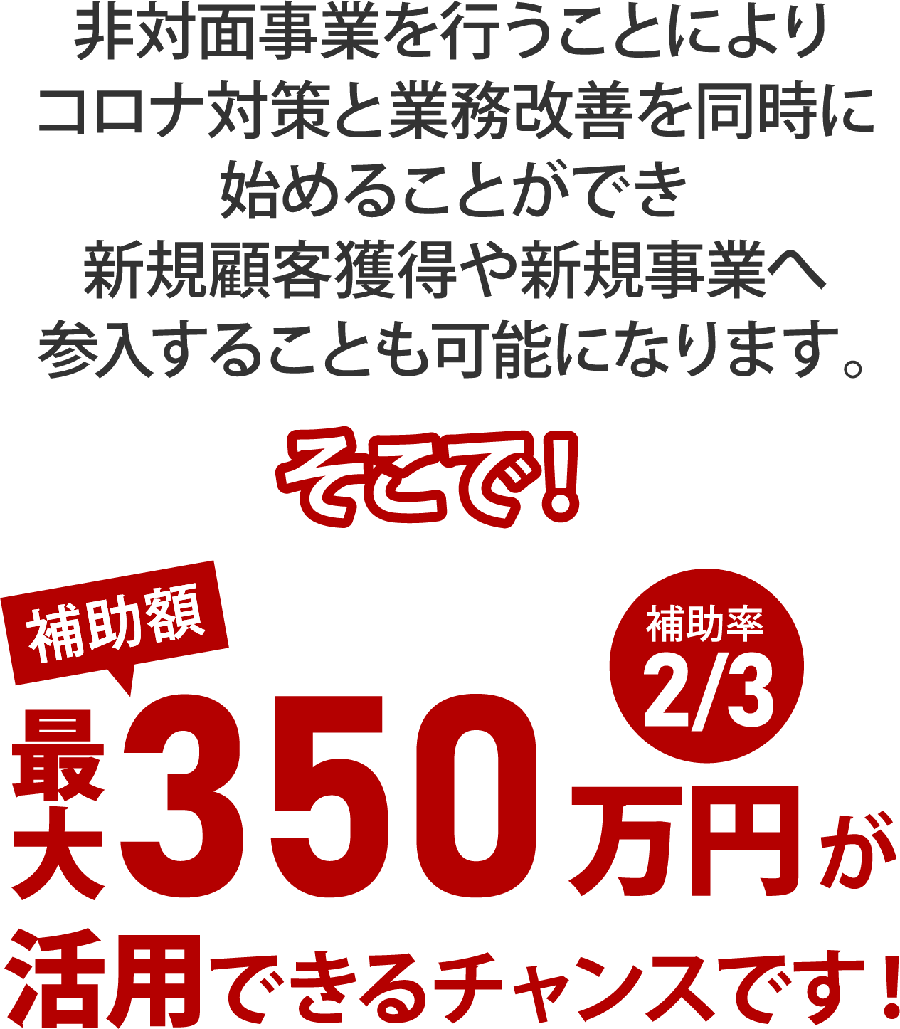 非対面事業を行うことによりコロナ対策と業務改善を同時に始めることができ新規顧客獲得や新規事業へ参入することも可能になります。